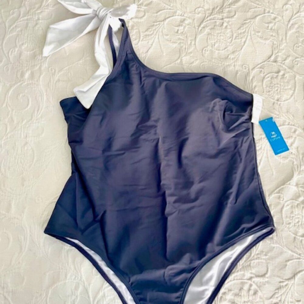 NWT Cupshe Gray One Shoulder Bathing Swim Suit with White Tie Bow Size XL